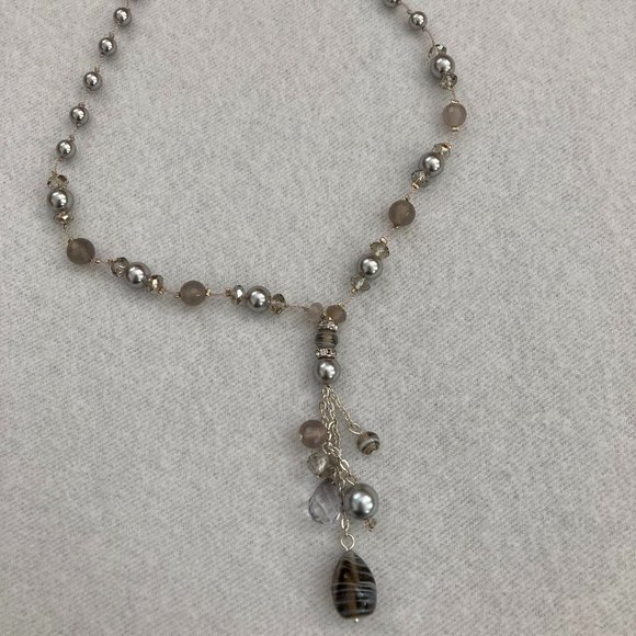 White House Black Market Gray/Crystal Bead Drop Necklace - Picture 6 of 6